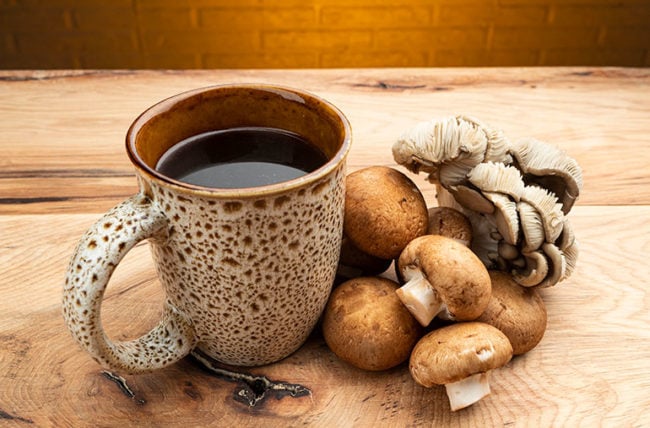 mushrooms and cup of coffee