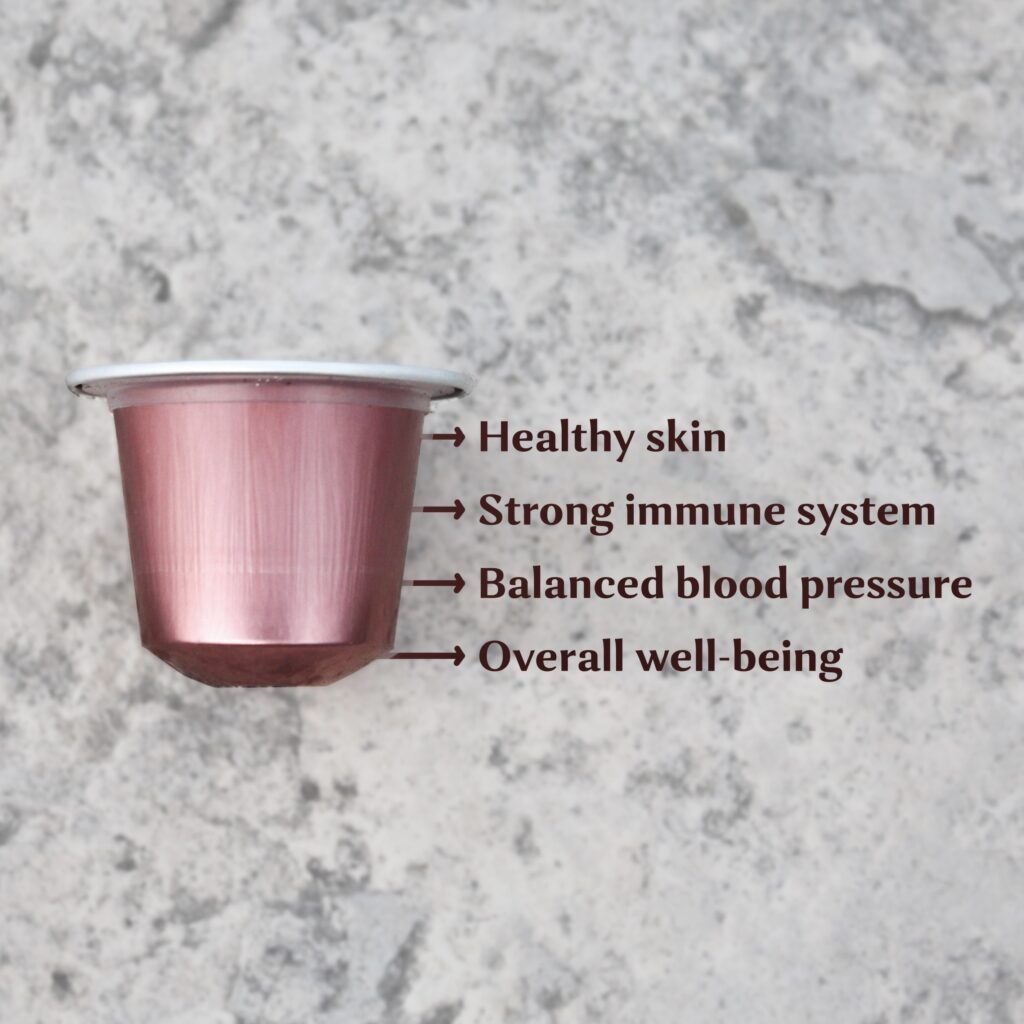 A capsule with words promoting healthy skin and balanced blood pressure