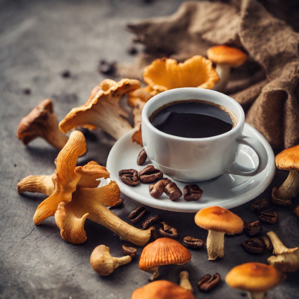 cup of coffee and white chanterelle mushrooms